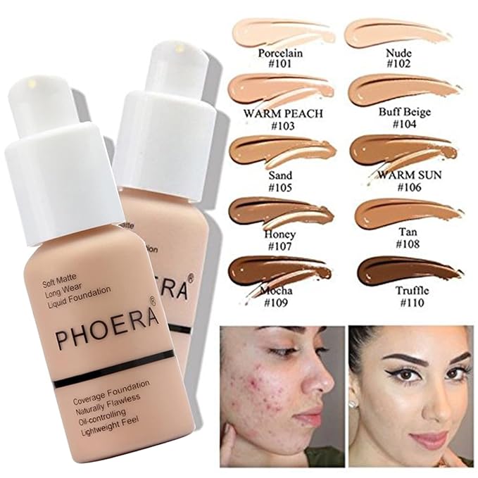 2 Pack PHOERA Foundation Nude 102 and Face Primer, Liquid Full Coverage Foundation Set, Foundation Brush Powder Brush,5 Makeup Sponge,24 HR Matte Oil Control Concealer (102 Nude)