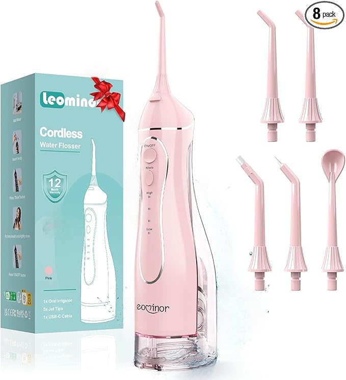 Leominor Water Flosser Pick for Teeth, 300ML Portable Oral Irrigator Upgraded Tank Removable,IPX7 Waterproof, Rechargeable Travel Teeth Cleaner, Professional Electric Flossing Machine (Pink)