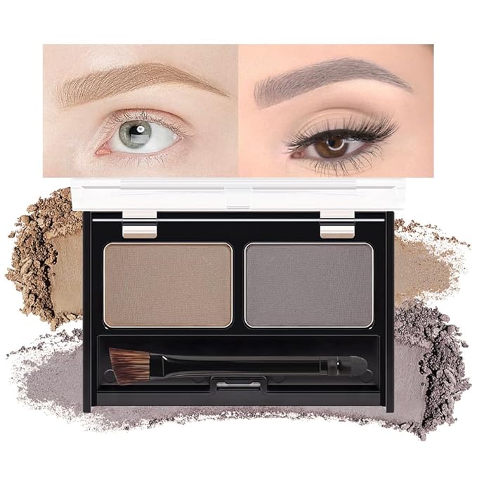 Kaely 2 Color Eyebrow Powder Makeup Kit, Eye Brow Contour Palette for Beginners, Long Lasting Waterproof Eye Brow Powder with Brow Brush, Get Full Defined Natural Brows, 01 Light Brown+Grey