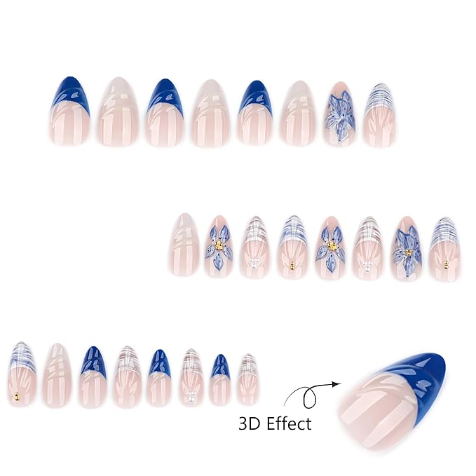 Short Press On Nails Almond, 24PCS Blue and White Floral Acrylic Fake Nails with Glue Kit, Glossy Plaid and 3D Flower Stick On Nails for Women, Reusable False Nails for Party, Wedding, Daily Wear