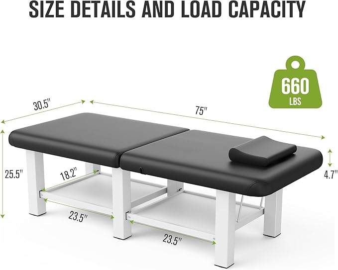 Folding Stationary Massage Table with Backrest and Storage Space, 6 Square Legs Metal Frame PU Leather, 30.5'' Wide × 75'' Long for Treatment Table Physical Therapy Table Spa Facial Bed, Black