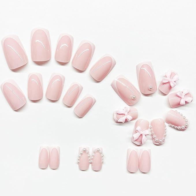 White French Press on Nails Medium Square Fake Nails Pink Nails Press ons Cute Acrylic Nails Spring False Nails with Pearl Bow Charm Designs Artificial Stick on Nails for Women 24Pcs