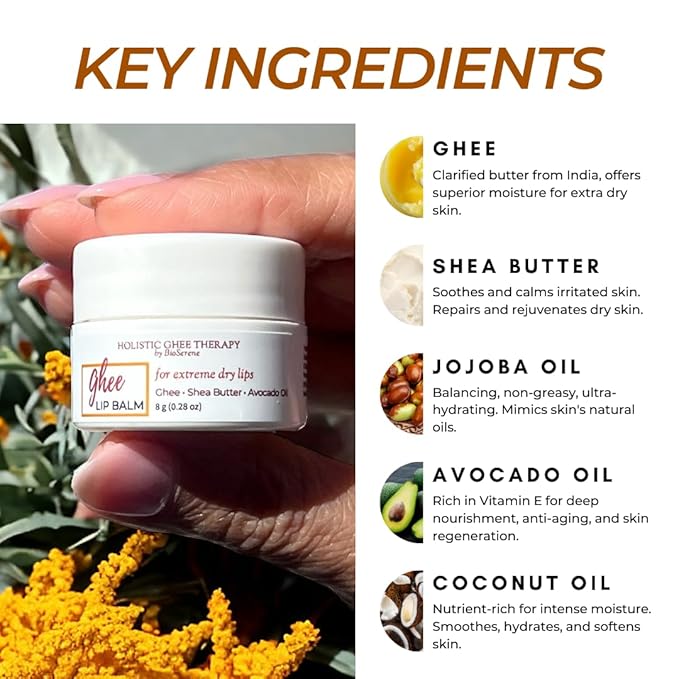 Natural Lip Balm For Very Dry Lips | Pack of 4 | Moisturizing Ghee, Shea Butter, Beeswax, Coconut Oil, & Jojoba Oil | Hydrating Lip Care For Chapped Lips, After Sun Care | Bioserene