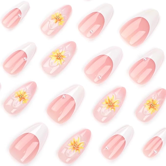 Floral Press on Nails White French Tip Fake Nails with Pearl Design Spring Summer Nail Glossy Reusable Artificial Acrylic Full Cover Stick on Nails Medium Almond False Nails for Women Manicure 24Pcs