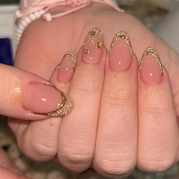 Glitter Gold French Tip Press on Nails Almond Short Fake Nails with Rhinestones Design Glossy Full Cover Glue on Nails Sparkly Acrylic Nails Artificial Almond Nail Tips Stick on Nails for Women 24Pcs
