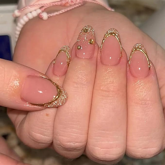 Glitter Gold French Tip Press on Nails Almond Short Fake Nails with Rhinestones Design Glossy Full Cover Glue on Nails Sparkly Acrylic Nails Artificial Almond Nail Tips Stick on Nails for Women 24Pcs