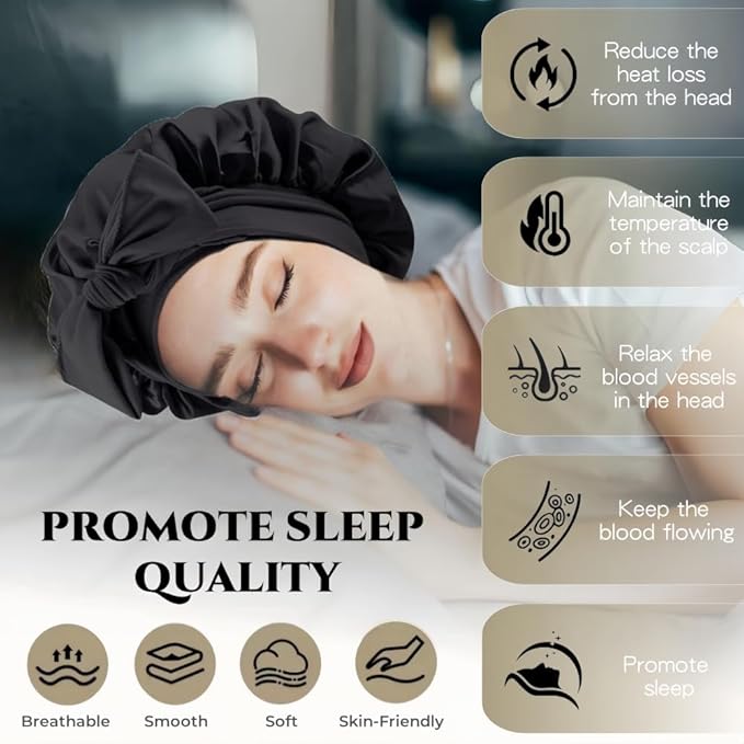 Silk Bonnet for Sleeping Women，Hair Bonnet for Sleeping Silk Night Cap for Curly/Natural Hair Skin Gleaming Black, Large