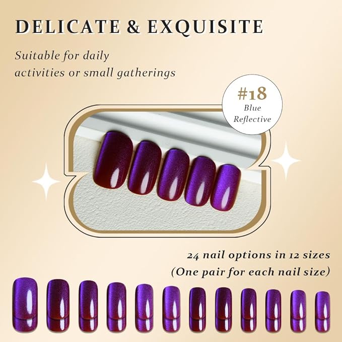 Blue Reflective Cat Eye Press on Nails Medium Square, Medium Square Press Glue on Nails Chrome for Women, Blue Holographic Glitter Glossy Reusable Gel Acrylic Fake Nail with Designs Cateye Effect