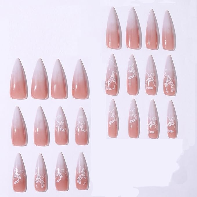 IMRAIN Press on Nails Long Stiletto Fake Nails White Gradient Almond False Nails Full Cover Glossy Gel Nude Artificial Nails with Flower Designs