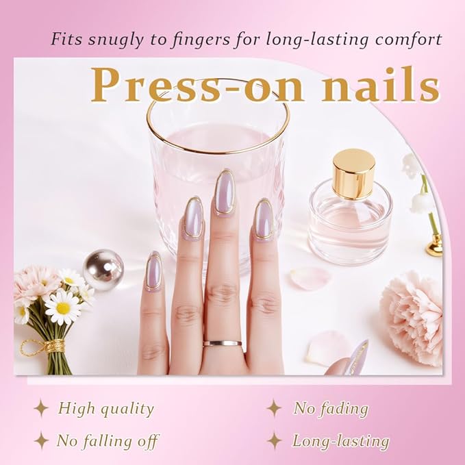3D Gold Line French Tips Press On Nails Medium Almond, Gold French Tip Cat Eye Press-On Nails, Designer Reusable Acrylic Fake Nail With Glue On Nails, Nails Press Ons False Nails For Women