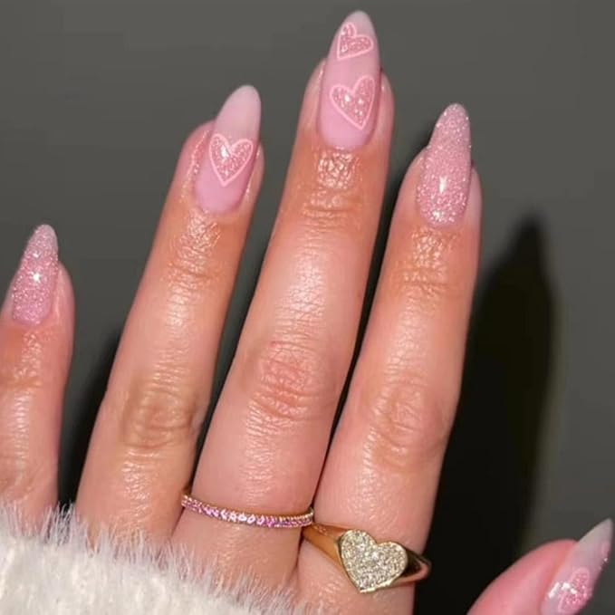 Almond Press on Nails Medium French Tips Pink Glossy Full Cover for Women 24 PCS/Set (Pink Heart French)