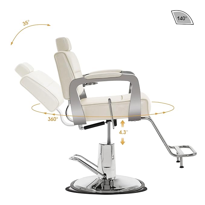 BarberPub Barber Chair Reclining Salon Chair for Hair Stylist, Antique Hair Spa Salon Styling Beauty Equipment 3127(White)