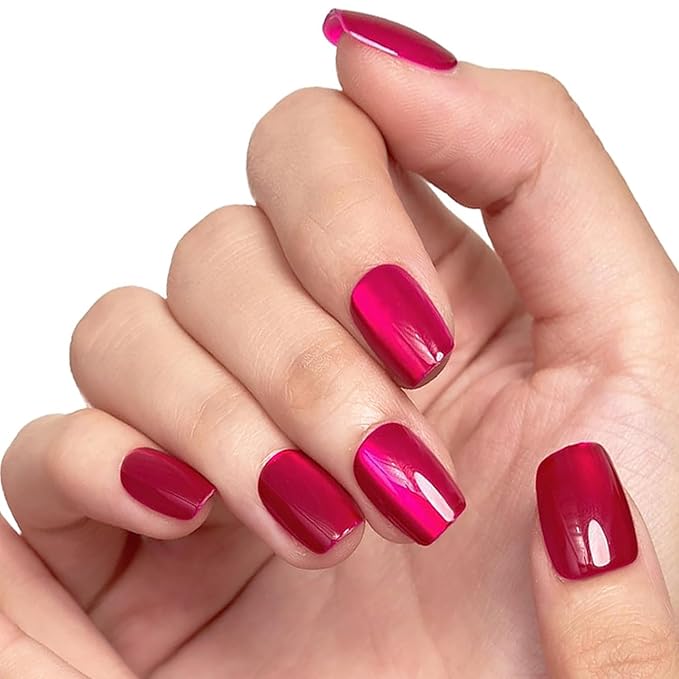 GLAMERMAID Hot Pink Press on Nails Extra Short Square, Handmade Magnet Cat Eyes Glitter Jelly Gel Fake Nail Kits, Magnetic Glue on Nail Reusable Acrylic False Nails Manicure Kits for Women