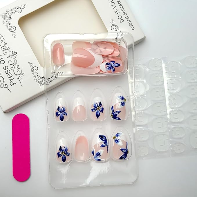 24Pcs Blue Flower Press on Nails Medium Almond Fake Nails White French Tip False Nails with Gold Rhinestones Design Nude Full Cover Artificial Glue on Nails Spring Summer Stick on Nails for Women DIY