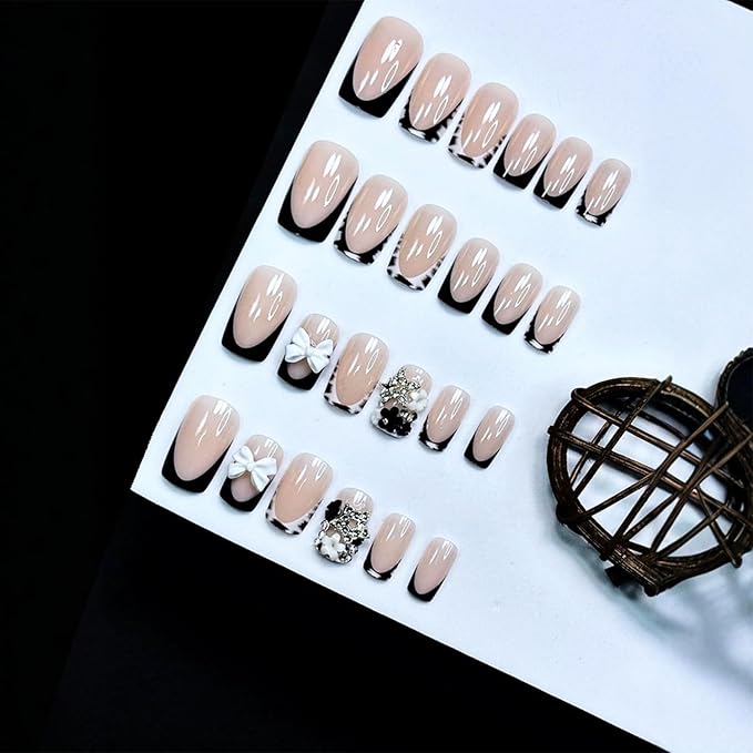 24pcs Black French Tip Press on Nails Short Square Bow Fake Nails with 3D Black White Flower Star Rhinestones Designs Glue on Nails Leopard French False Nail Tips Full Cover Stick on Nails for Women