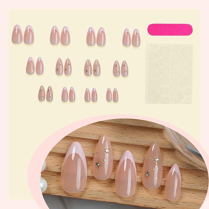 24Pcs Pink French Tip Press on Nails Almond Medium Fake Nails Nude Pink Acrylic Nails Gold Star Rhinestones Artificial Stick on Nails Full Cover Glossy Glue on Nails for Women Girls Daily Wear