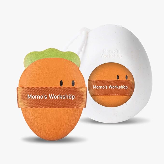 Momo’s Workshop Carrot Makeup Sponge – Dual-Use PU Beauty Sponge with Lychee Leather Handle, 16mm Hydrophilic Sponge for Foundation Coverage, Dry/Wet Application,2pcs with Case