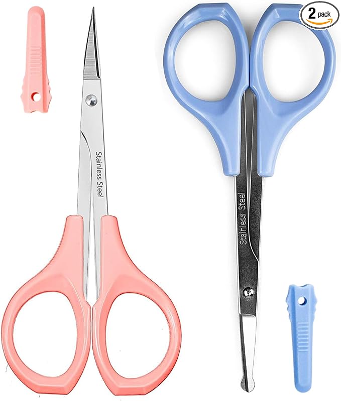 2 Pcs Eyebrow Scissors for Women， Small Scissors Beauty for Facial Hair, Beard, Ear, Nose, Moustache， Stainless Steel
