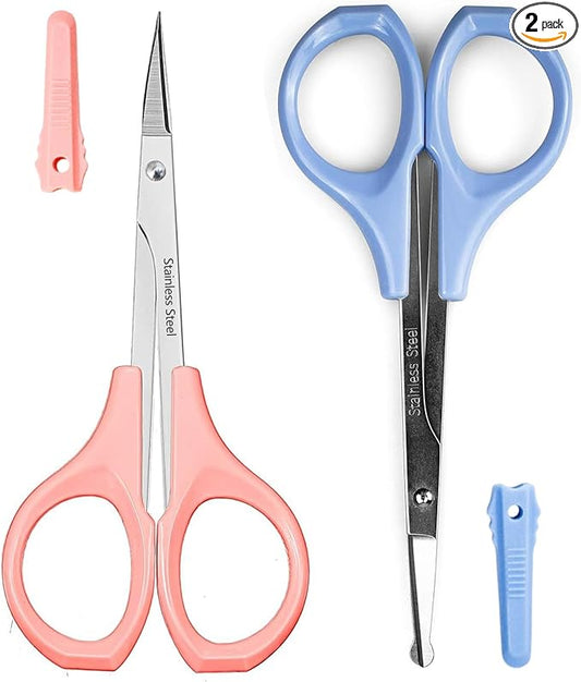 2 Pcs Eyebrow Scissors for Women， Small Scissors Beauty for Facial Hair, Beard, Ear, Nose, Moustache， Stainless Steel