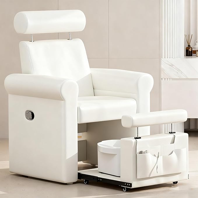 VARONXE Icoget Professional Pedicure Chair No Plumbing for Nail Tech, Reclining SPA Pedicure Station w/Adjustable Footrest & Headrest, Retractable Base Unite for Small Space, White