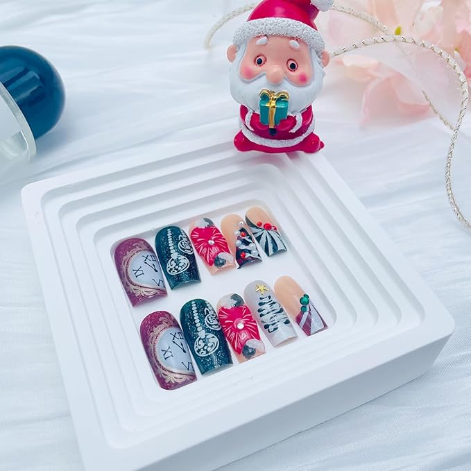 24Pcs Christmas Press on Nails Long Square French Tip Fake Nails 3D Flower Acrylic Nails Christmas Tree with Rhinestones Design Winter False Nails Reusable Handmade Stick on Nail for Women Manicure