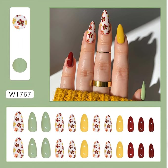 24 Pcs Press on Nails Almond Short Fake Nails Multiple Color Glossy Full Cover with Floral Designs Glue on Nails Reusable Acrylic Nails Removable Stick on Nails for Women Girls