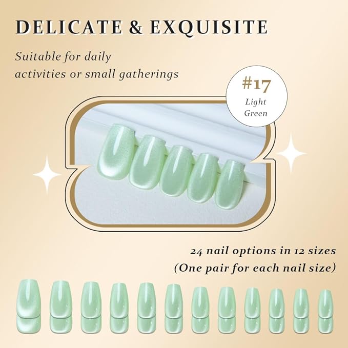 evpct Light Green Cat Eye Coffin Press on Nails Square Medium, Medium Square Glue on Nail for Women, Light Green Metallic Glitter Glossy Reusable Summer Soft Gel Press on Acrylic Fake Nail with Design