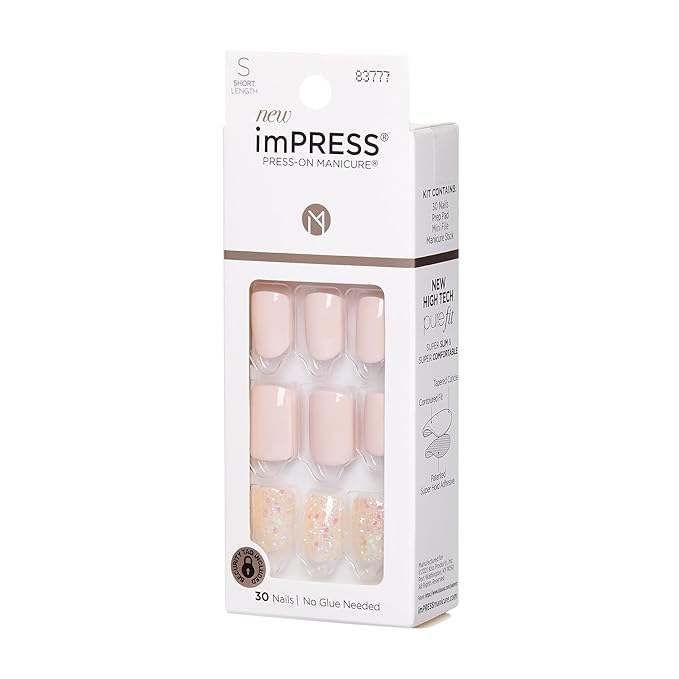KISS imPRESS No Glue Mani Press On Nails, Design, 'Dorothy', Pink, Short Size, Squoval Shape, Includes 30 Nails, Prep Pad, Instructions Sheet, 1 Manicure Stick, 1 Mini File
