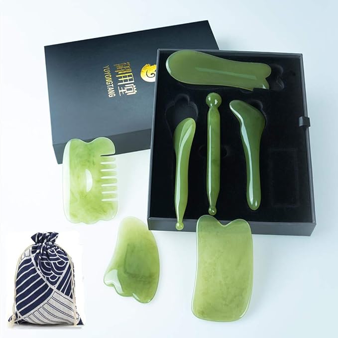 7 Pieces Gua Sha Scraping Massage Tool,Natural Resin GuaSha Tool Massage Tools Set for Face Back and Neck Release,Reduce Muscle Pain,with Storage Bag (Green)