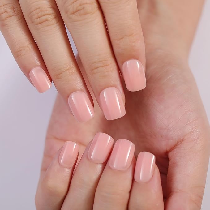 Blush Nude Press On Nails Short, Glossy Soft Gel Press On Nails Square with Nail Glue, 15 Sizes - 30 Fake Nails Kit, Thick Natural Reusable Glue On Nails for Women, Blush Serenity