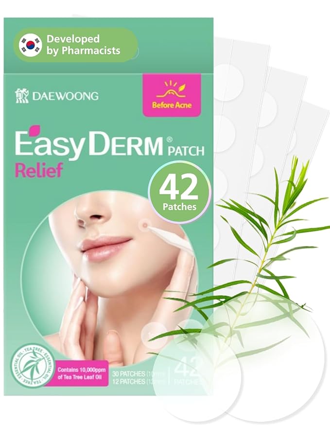 EasyDerm Relief Invisible Patch(42 counts) I Contains 10,000ppm of Tea Tree Oil, Pimple Patch, Ultra-slim 0.1mm, Waterpoof, Korean Pimple Patches Stocking Stuffer Holiday Gift MUST HAVE
