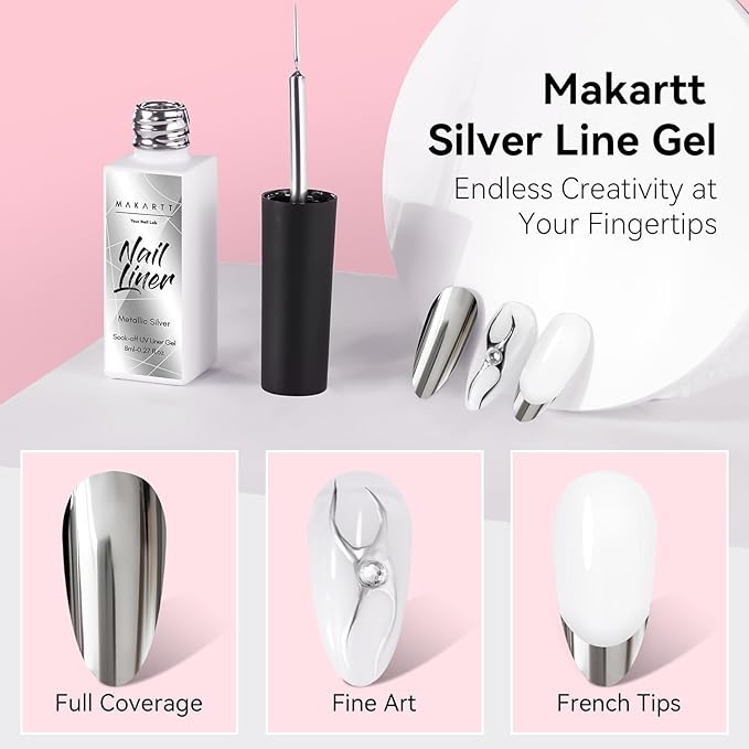 Makartt Metallic Silver Liner Gel Nail Polish: Mirror Chrome Effect Nail Polish with Built in Thin Brush, Soak Off Gel UV/LED for DIY Manicure, Home, and Salon Nail Art Designs 8ml
