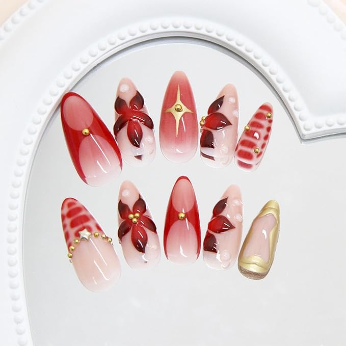 24 Pcs Red Flower Press on Nails Medium Almond Fake Nails with 3D Floral Gold Beads Designs French False Nails Red Acrylic Nail Tips Summer Flowers Full Cover Glue on Nails for Women Nail Decoration