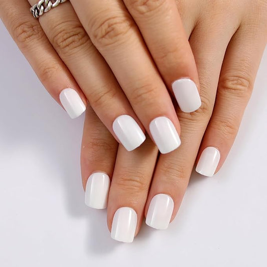 Milky White Press On Nails Short, Glossy Soft Gel Press On Nails Square with Nail Glue, 15 Sizes - 30 Fake Nails Kit, Thick Natural Reusable Glue On Nails for Women, White Mirage