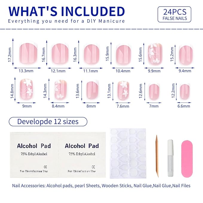 Spring Press On Nails Short Square, Nude Fake Nails with White French Tips Delicately Adorned with White Floral Accents, Glossy Gel Finish Acrylic Nails Press Ons Short Thick Natural Glue On Nails Kit