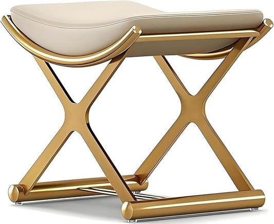 Luxury Modern Vanity Stool with Gold X-Frame Metal Legs, Cream Leather Ottoman Bench Seat for Bathroom, Living Room, Makeup, 17.72 x 14.96 inches (Gold)