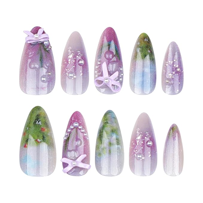 Flower Press on Nails Medium Almond Fake Nails Colorful Spring Floral False Nails with 3D Pearl Bow Designs Nude Pink Gradient Stick on Nails Full Cover Glossy Acrylic Glue on Nails for Women 24Pcs