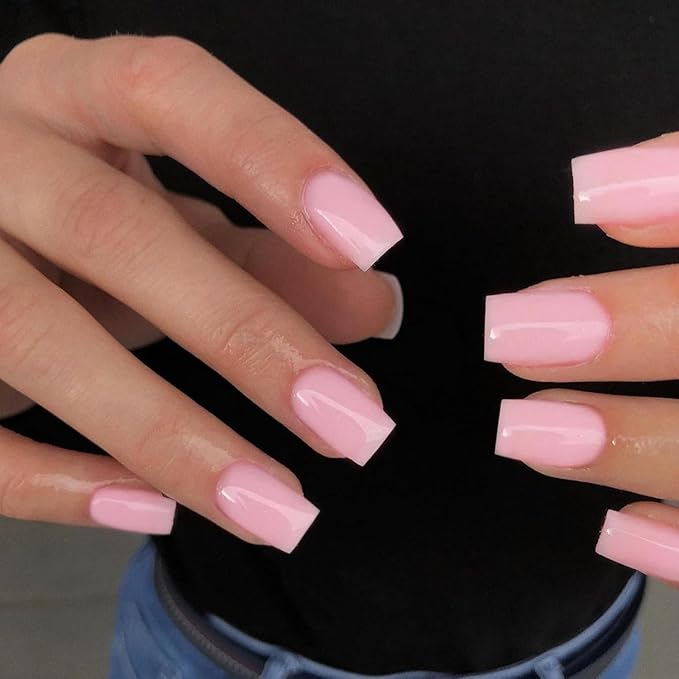 KQueenest Rose Baby Pink Square Press on Nails Short, Fake Nails Short Coffin, Pure Bright Color Natural Petite Nails, Solid Stick on Nails Press on for Women Daily Office Manicure