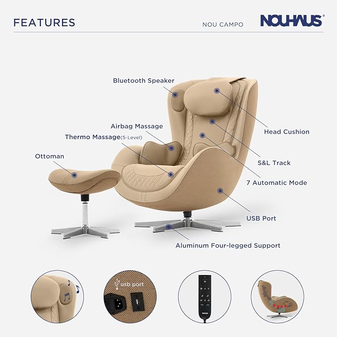 Nouhaus NOU Campo Heated Massage Chair,Full Body Massaging Zero-Gravity Leisure Recliner with Low-Noise 3D Massage and Dual Sound Systems Modern Massage Chairs (Mellow Sand)