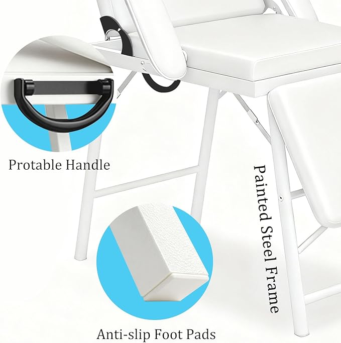 Portable Tattoo Chair, Adjustable Massage Facial Bed with Removable Headrest & Armrest, Foldable Spa Chair with Carry Bag, 73 Inch Esthetician Bed for Salon Beauty Barber Spa Tattoo (White)