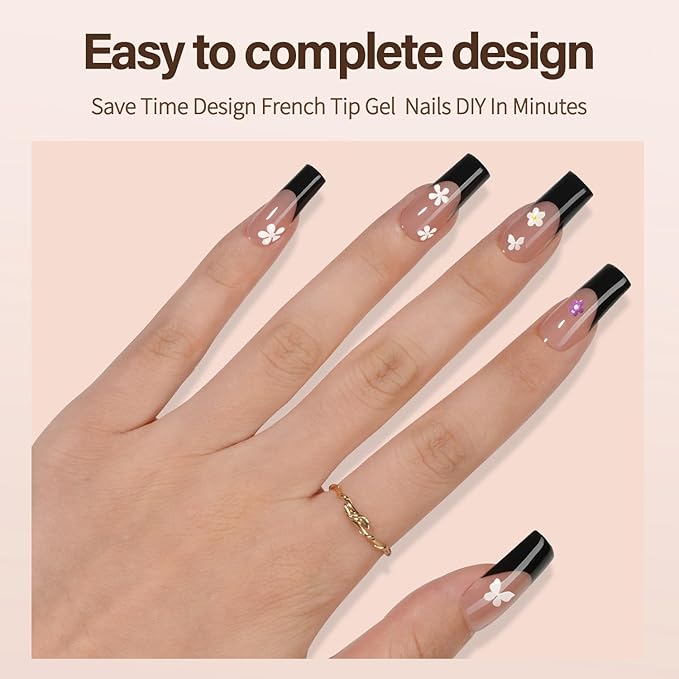 150Pcs Black French Gel Nail Tips, Vansiho Long Square Nail Tips, Pre-French Tips Press on Nails Brown, Fake Nails for Nail Art DIY 15 Sizes