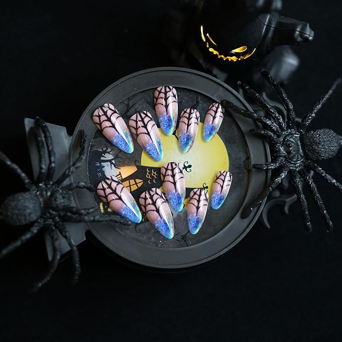24Pcs Black Spider Web Press on Nails Medium Almond Halloween Fake Nails Laser Tip Glitter Design Full Cover Glue on Nail Goth False Nails Stick on Nails Holiday Nail Art Supplies for Women Manicure