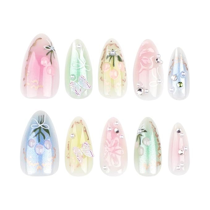 Colorful Press on Nails Medium Almond Fake Nails with 3D Flower Butterfly Designs Muti Colorful Gradient Acrylic Nails False Nails Stiletto Full Cover Glossy Stick on Nails for Women 24Pcs
