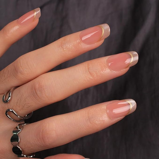 Short Almond Press On Nails Nude Glitter French Tips with Gold Outline, Glossy Acrylic Fake Nails, Reusable Stick On Nails Kit with Glue for Women, Elegant Shimmery Manicure Set