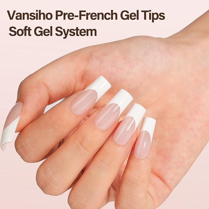 Vansiho French Gel Nail Tips, 150Pcs Long Square Gel Nail Tips, French Tips Press on Nails, French Square No Need to File 3 in 1 Pre-French Gel Tips, Fake Nails for Nail Art DIY 15 Sizes