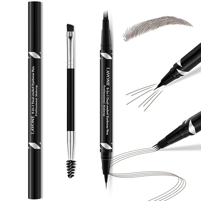 LAVONE 2-IN-1 Dual-ended Waterproof Eyebrow Pencil, 4 Tip Microblading Pen and Ultra-Precise Brow Pencil, Dual-ended Eyebrow Brush, Natural Looking-Grey
