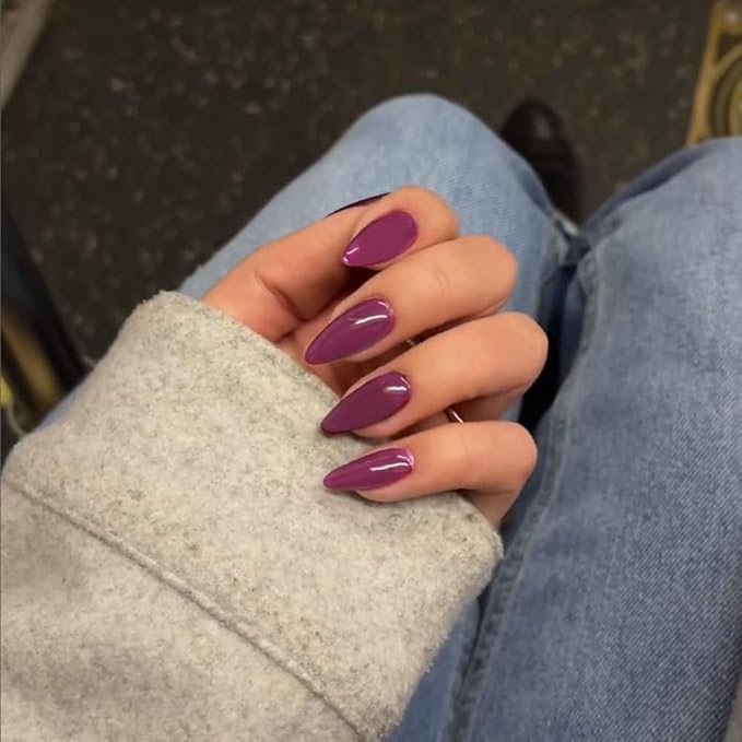 48Pcs Dark Purple Press on Nails Almond Fake Nails Glue on Nails Medium Length Almond Shaped Nails Press ons, Stiletto Nails False Nails for Women, Medium Almond Nails, Thick Natural Acrylic Gel Nails