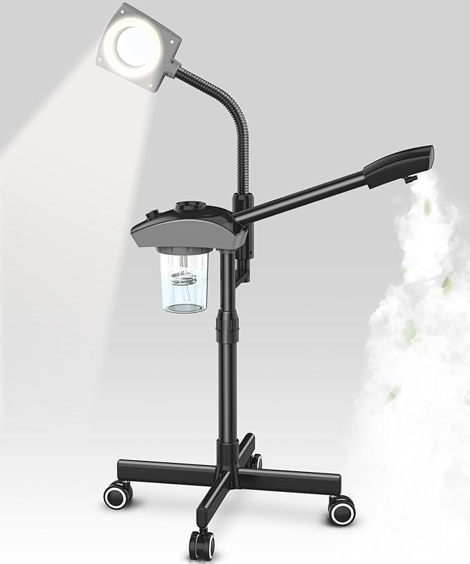 TASALON Professional Ionic Facial Steamer, 2-in-1 Face Steamer for Facial with 5X Magnifying Foldable Arm, Mist Face Steamer Salon Spa Beauty Skin Care Equipment, Aroma Therapy Nozzle Included- Blcak