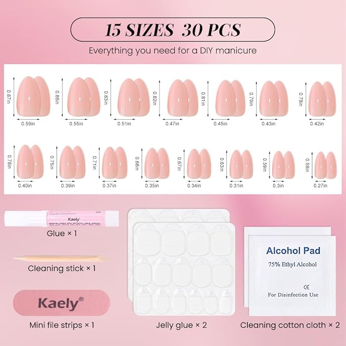 evpct Nude Pink Press on Nails Almond Short, Glossy Short Almond Fake Nails Kit for Women, Soft Gel Press On Nail with Nail Glue, 15 Sizes 30Pcs Reusable Stick on Acrylic Fake Nail Manicure Set, 04