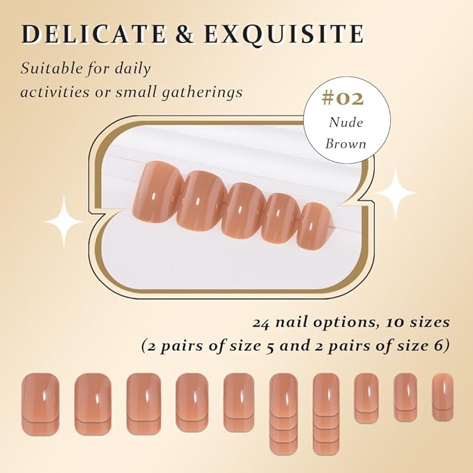 evpct Nude Brown Press on Nails Short Midium Oval for Women Gift, Glossy Brown Fake Nail with Soft Gel Salon Quality Reusable Stick on Nails Full Cover Artificial Nail Glue Soft Gel Set Kit 24Pcs, 02